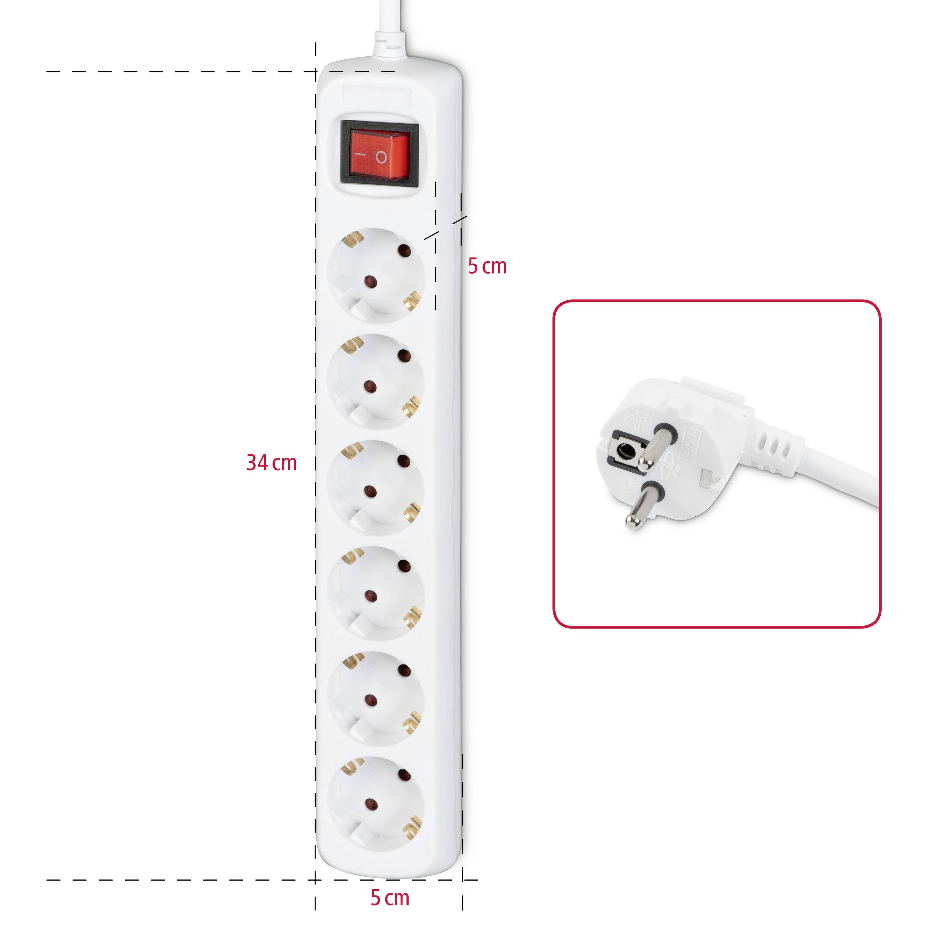 Weiße sechsfache Steckdosenleiste mit Ein/Aus-Schalter und EU-Stecker. Maße: 34 cm x 5 cm.