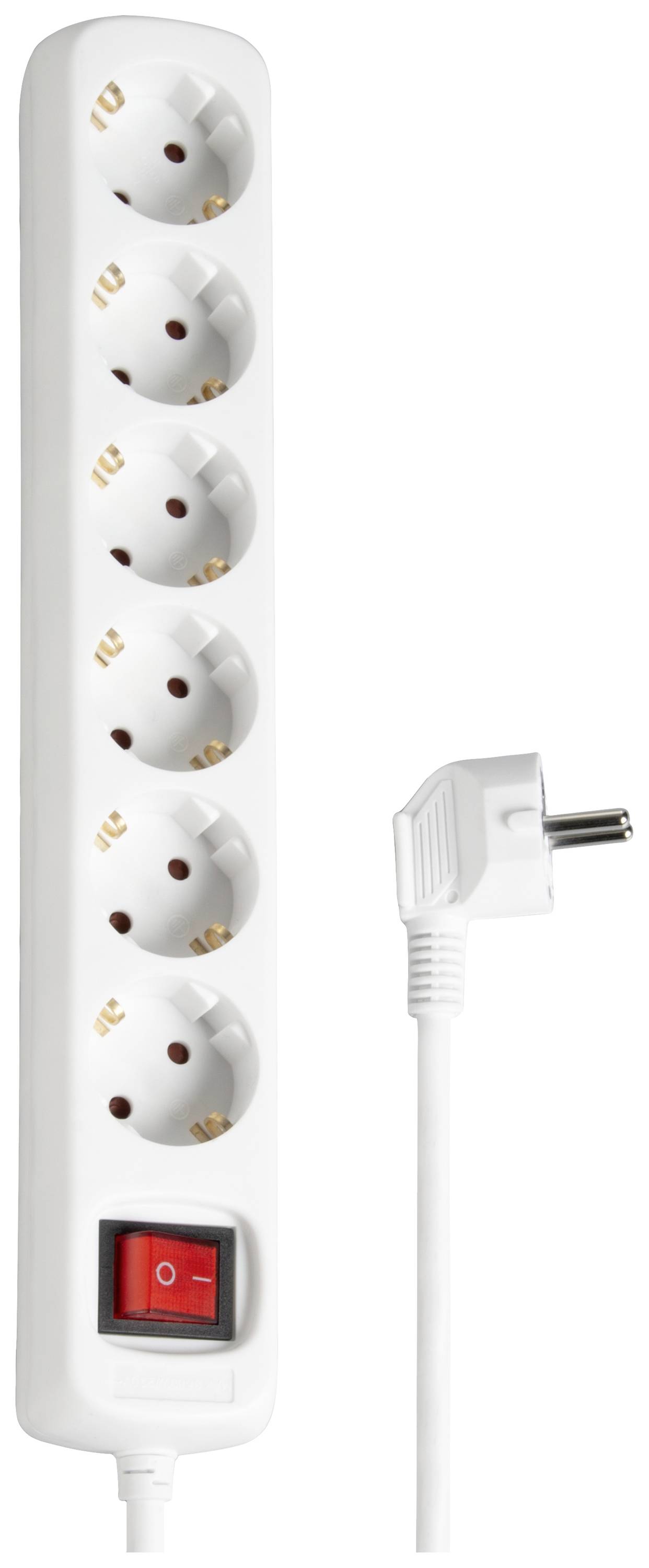 Eine weiße Steckdosenleiste mit sechs Steckplätzen und einem roten Ein- und Ausschalter. Ein Kabel mit Stecker ist angeschlossen.