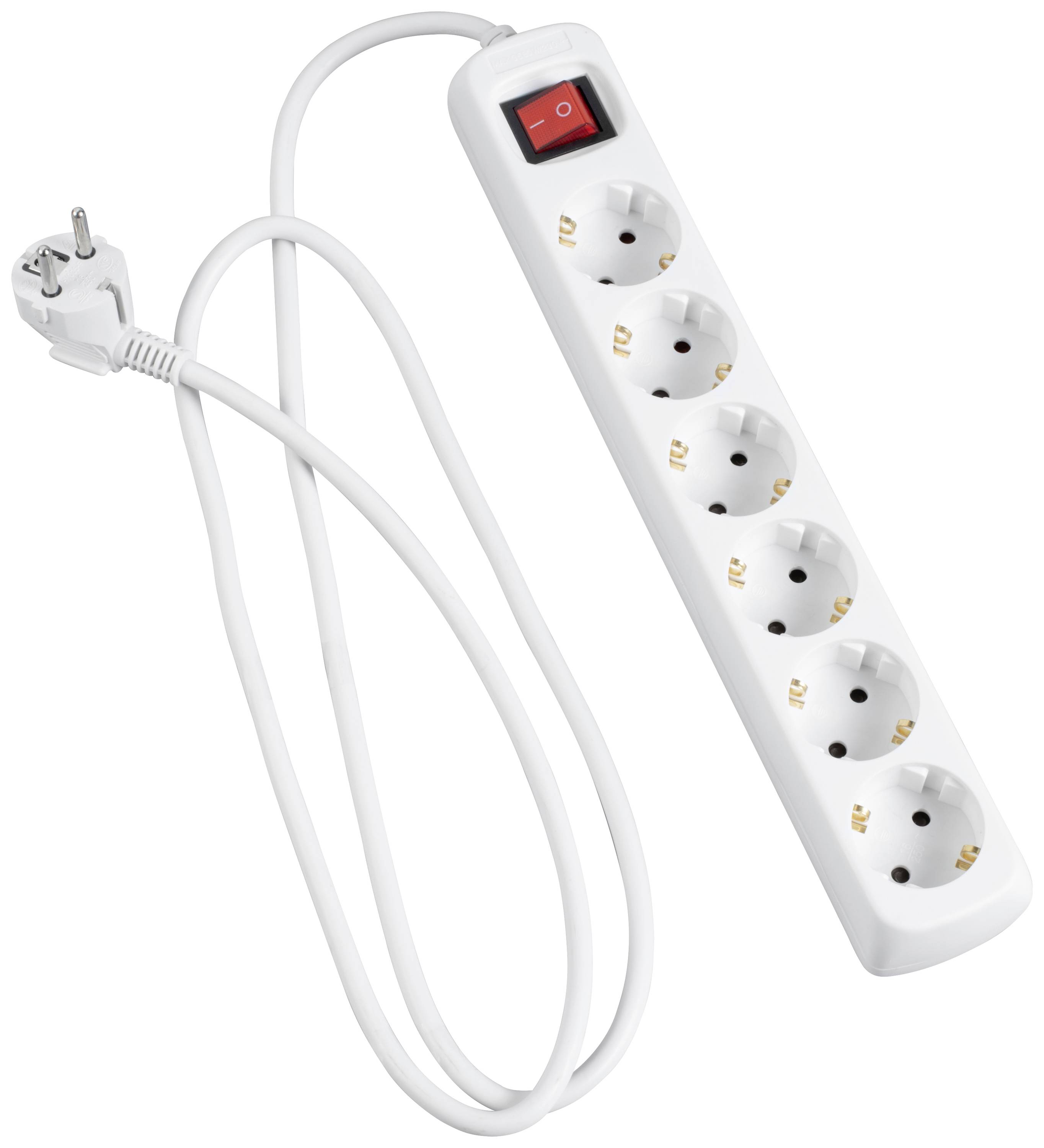 Weiße Steckdosenleiste mit sechs Steckplätzen und rotem Ein-/Ausschalter, verbunden mit einem Netzkabel und Stecker.