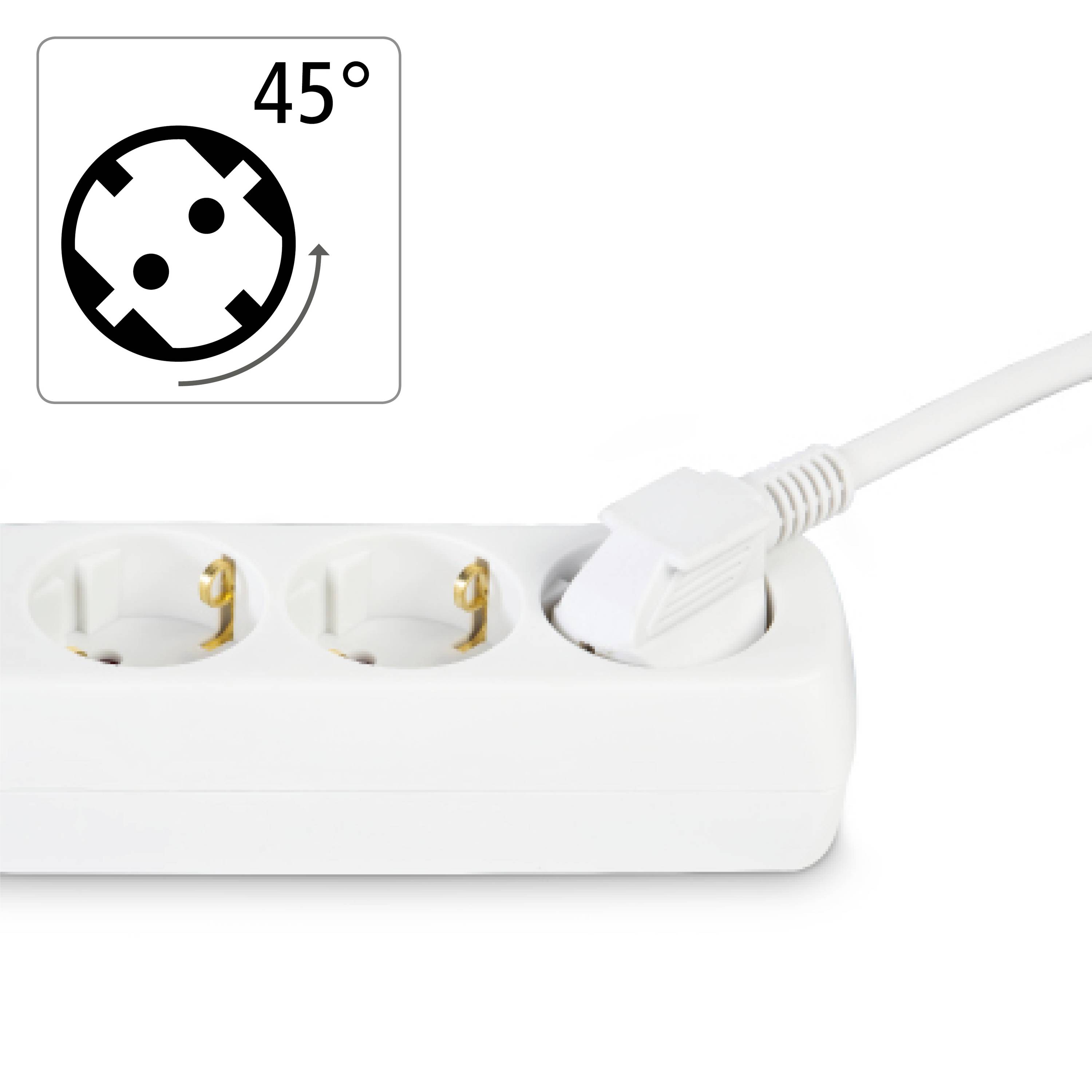 Mehrfachsteckdose mit drei horizontalen Steckplätzen für Schuko-Stecker. Ein Schuko-Stecker ist in die rechte Steckdose eingesteckt.