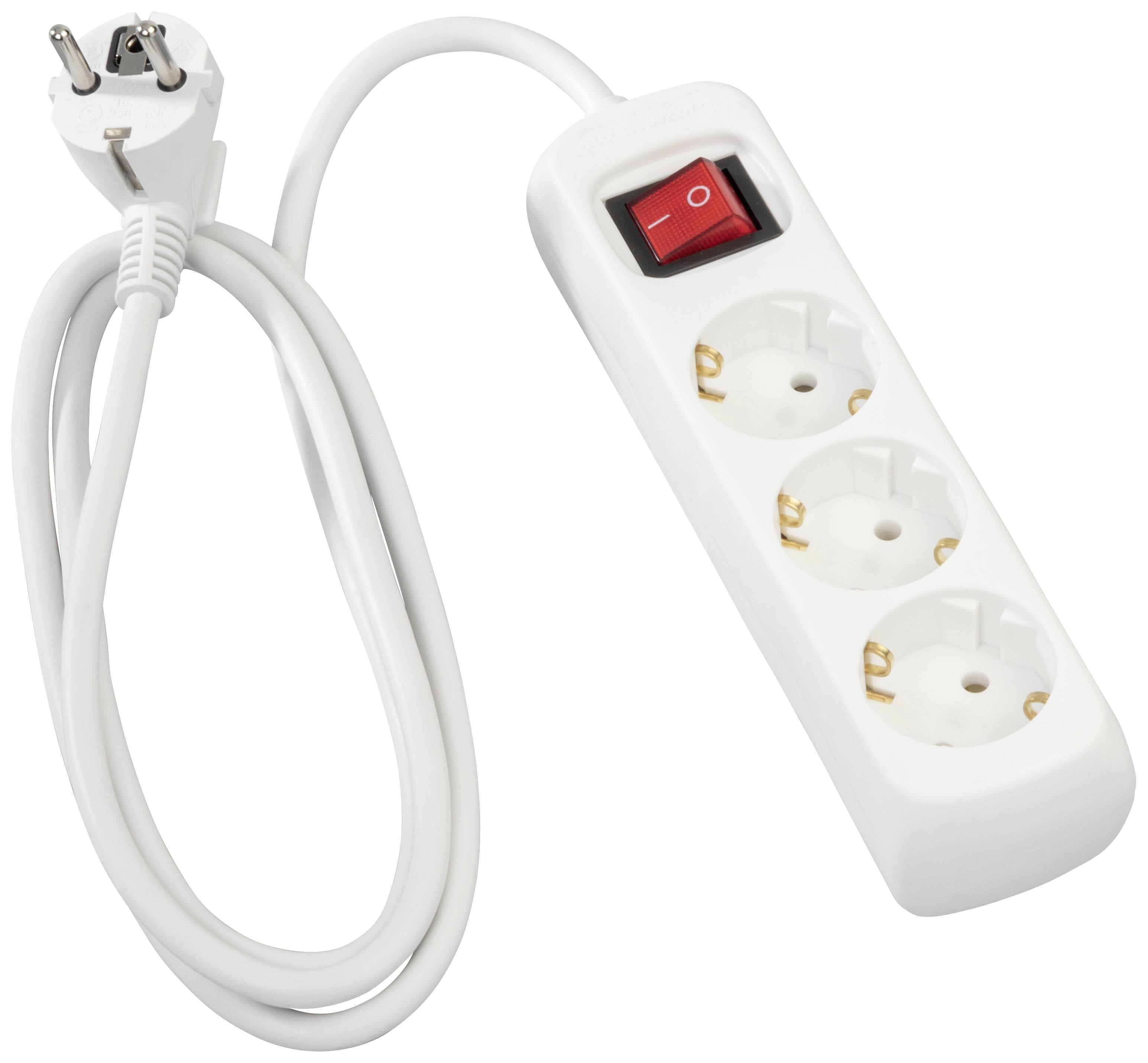 Weiße dreifache Steckdosenleiste mit rotem Ein-/Ausschalter und Stecker, geeignet für den Anschluss mehrerer Geräte.