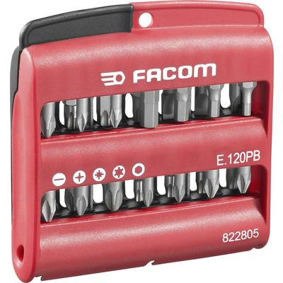 Ein rotes Bit-Set von FACOM, Modell E.120PB, zeigt verschiedene Schraubendreherbits für unterschiedliche Schraubentypen.