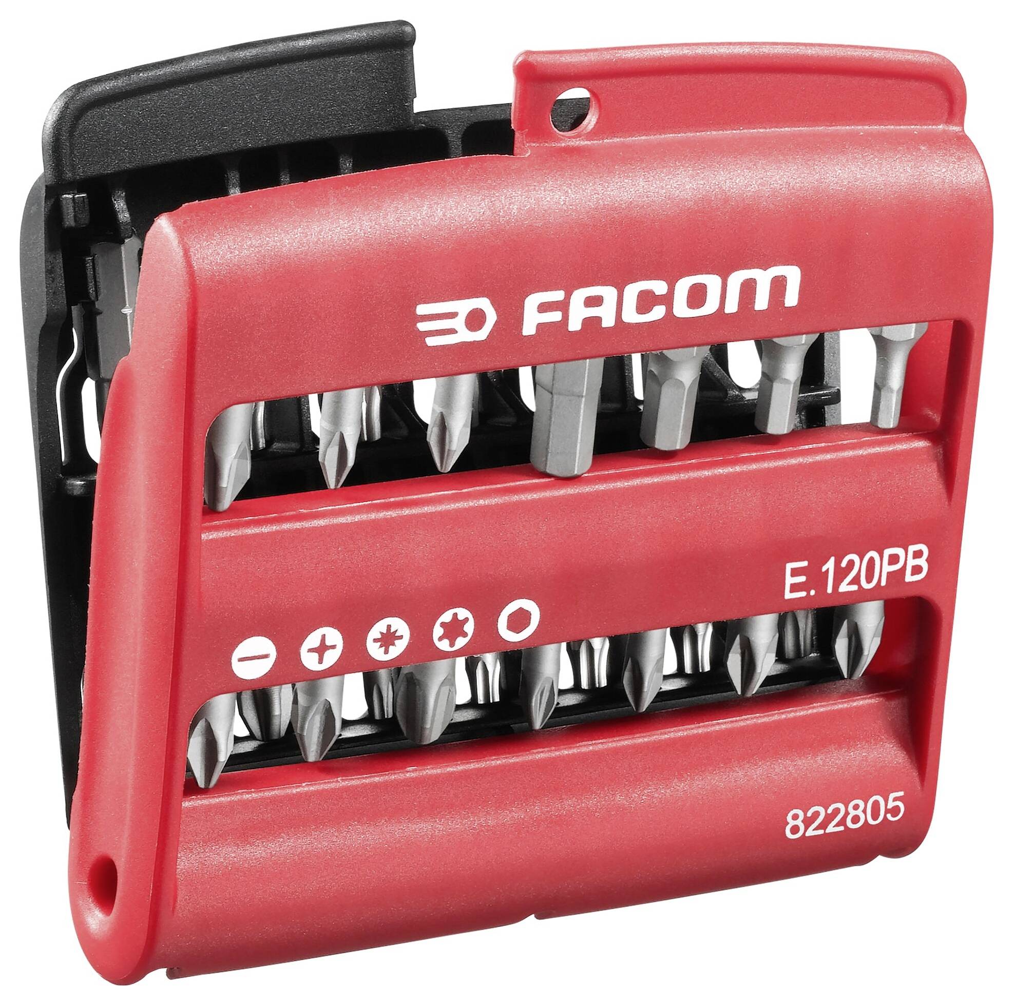 Ein rotes Bit-Set von FACOM mit mehreren auswechselbaren Bits, geeignet für verschiedene Schraubentypen. Modellnummer 'E.120PB'.