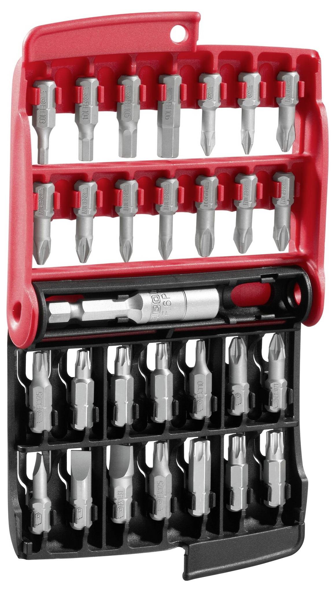 Ein Set von 32 Bits für Schraubenzieher in einem rot-schwarzen Halter, organisiert in vier Reihen. Ideal für verschiedene Schraubenköpfe.
