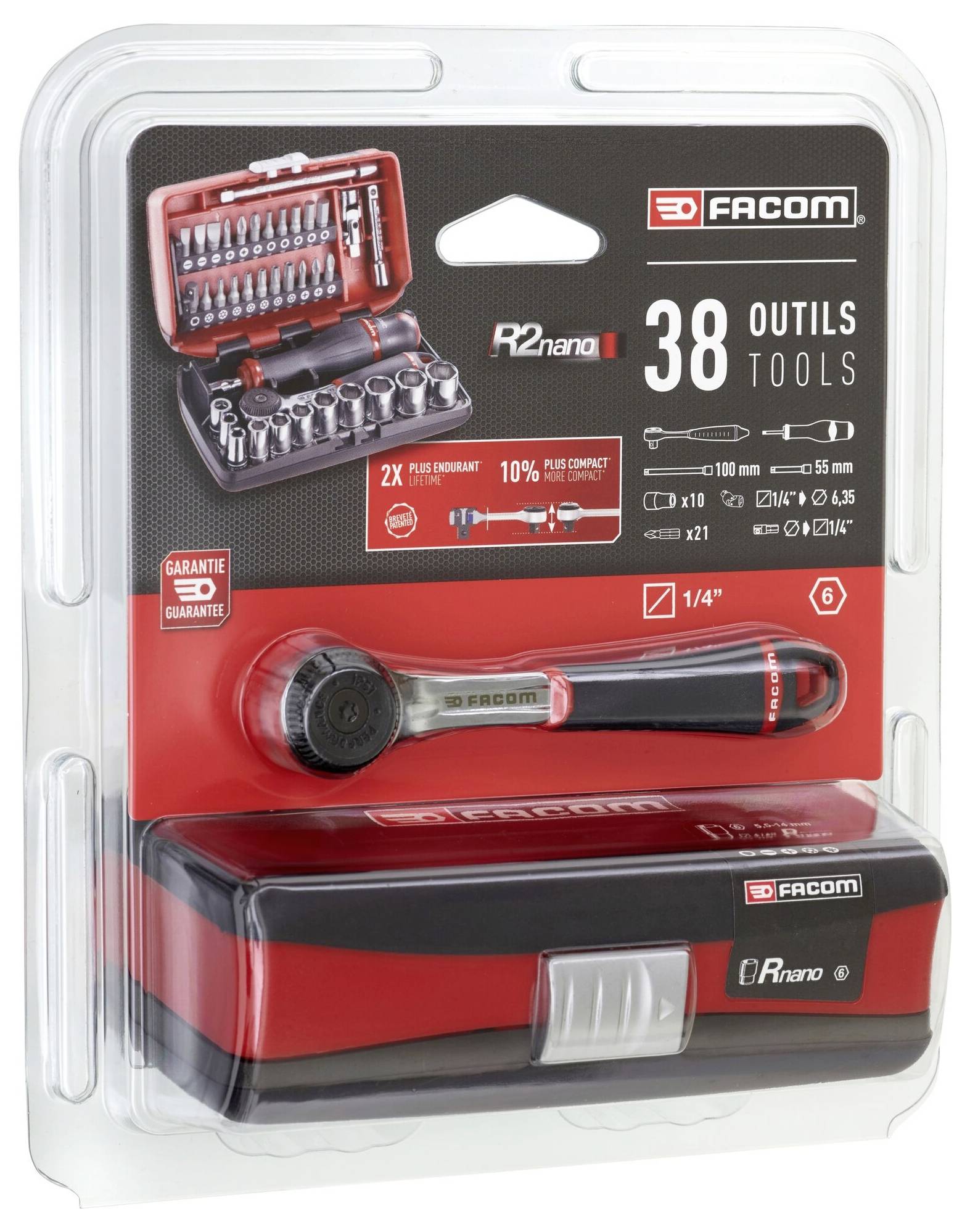 Verpackung eines Facom Werkzeugsets mit 38 Teilen. Enthält Schraubenschlüssel und Bits. R2nano Serie mit Etui dargestellt.
