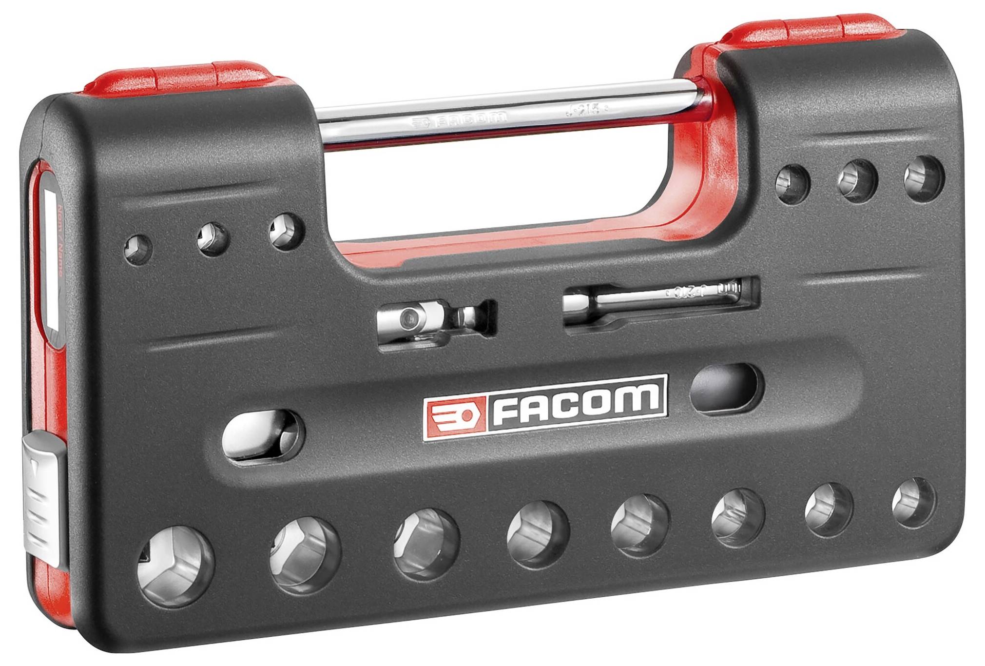 Ein schwarzes, rechteckiges Werkzeugset von Facom mit Steckplätzen für Bits und Zubehör. Kompakt und tragbar, mit rotem Akzent.