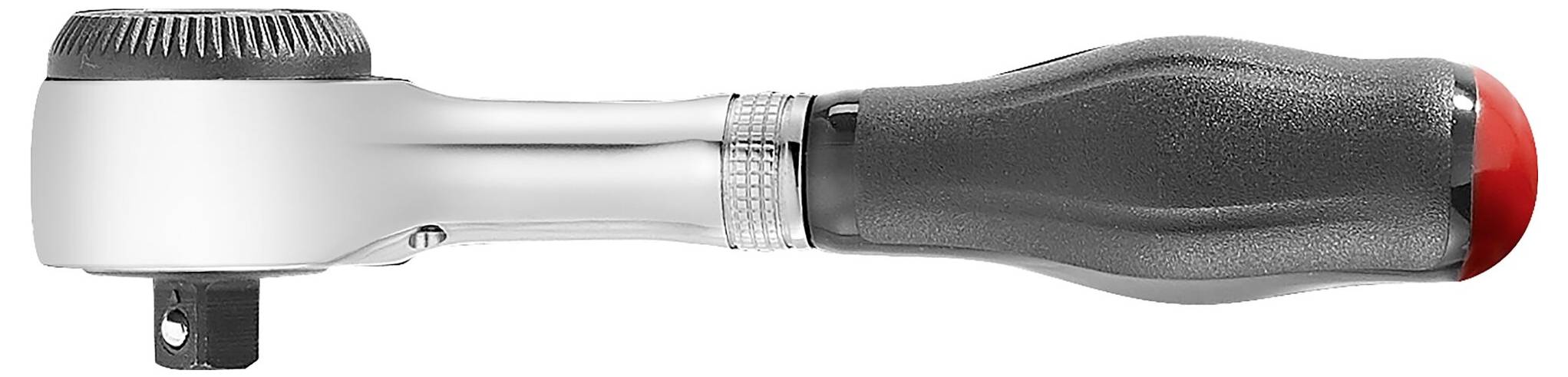 Ratschenschlüssel mit schwarzem Griff und rotem Ende, horizontal ausgerichtet. Werkzeug zur Anzugskraftsteuerung und Montage.