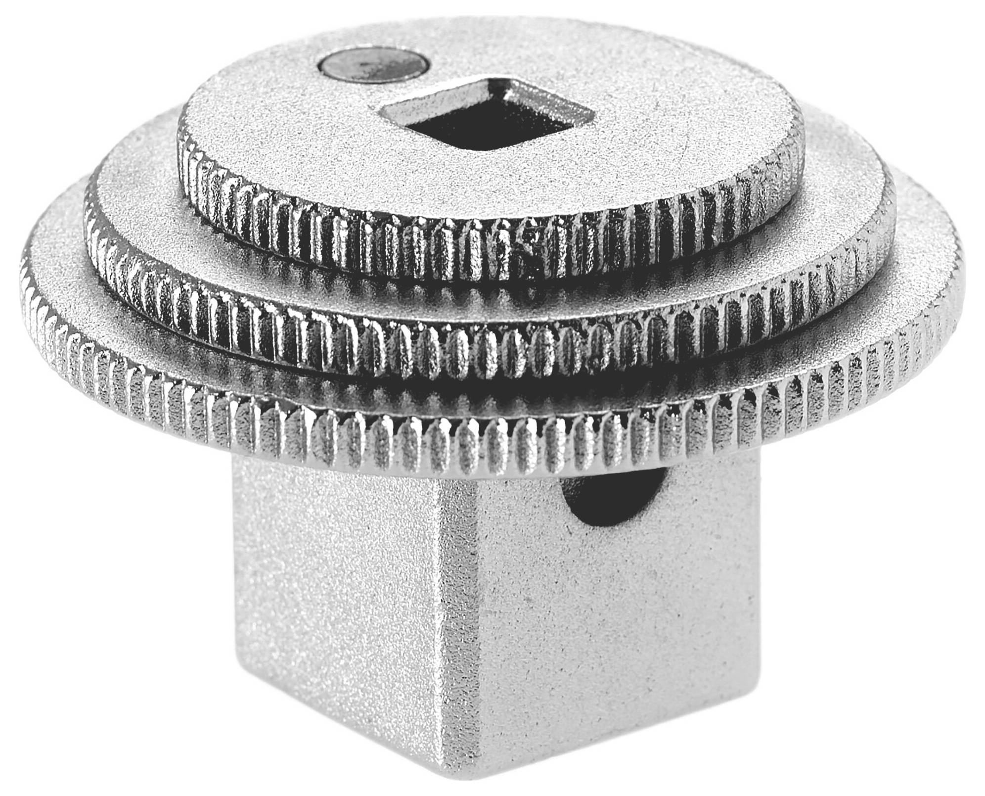 Metallene Rändelschraube mit quadratischem Sockel. Sie hat drei gestufte, gerillte Scheiben zur Justierung.