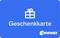 Blaue Geschenkkarte mit weißem Geschenk-Symbol und dem Text 'Geschenkkarte'. Markenlogo unten rechts.