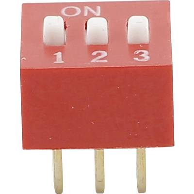 Roter DIP-Schalter mit drei weißen Kippschaltern, nummeriert von 1 bis 3, in der Position 'ON'. Wird in elektrischen Schaltungen verwendet.