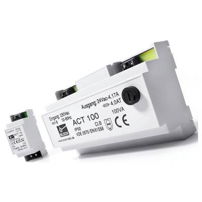 Elektronisches Bauteil von Block mit Aufschrift 'ACT 100', Eingangsleistung 230VAC, Ausgangsleistung 24VAC.