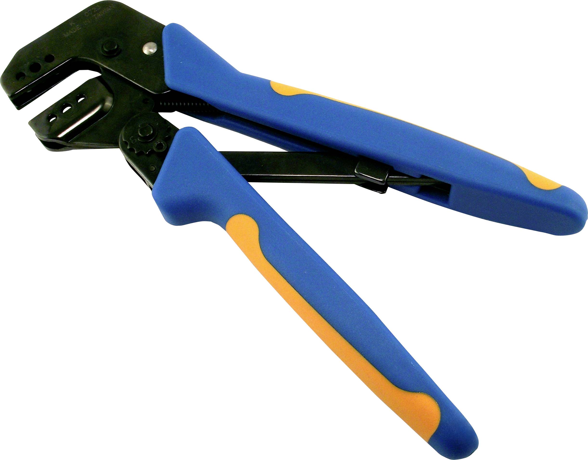 Crimpwerkzeug mit blauem Griff und orangefarbenen Akzenten, verwendet zum Verbinden von Drähten mit Anschlüssen oder Steckern, positioniert auf weißem Hintergrund.