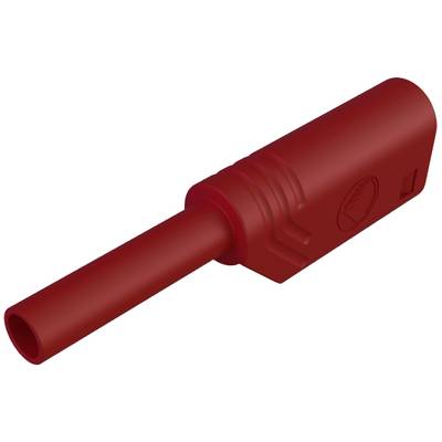Ein roter isolierter Stecker für elektrische Verbindungen, zylindrische Form mit geriffeltem Griff und Herstellerlogo auf dem Gehäuse.