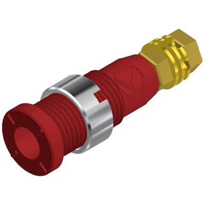 Rotes, zylindrisches Bauteil mit metallischem Ring und sechseckigem goldfarbenem Anschluss. Könnte Teil eines mechanischen Systems sein.