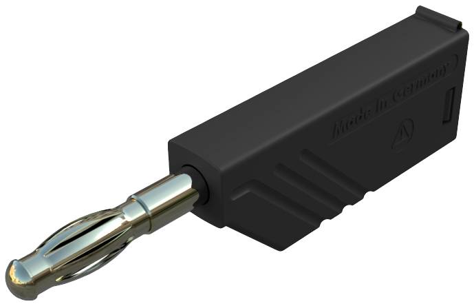 Schwarzer, rechteckiger Steckeradapter mit einem metallischen Kontaktstecker auf der linken Seite.