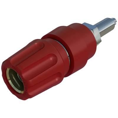 Rote Bananenstecker-Buchse mit metallischem Gewinde, verwendet für elektrische Verbindungen, auf weißem Hintergrund.
