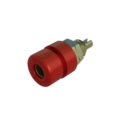 Roter Kabelschuh mit metallener Schraubbefestigung, seitliche Ansicht. Geeignet für elektrische Verbindungen in elektronischen Geräten.