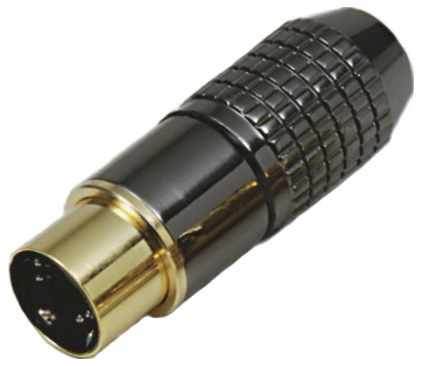 Ein schwarzer RCA-Stecker mit vergoldeten Kontakten, verwendet zum Anschluss von Audio- und Videogeräten.