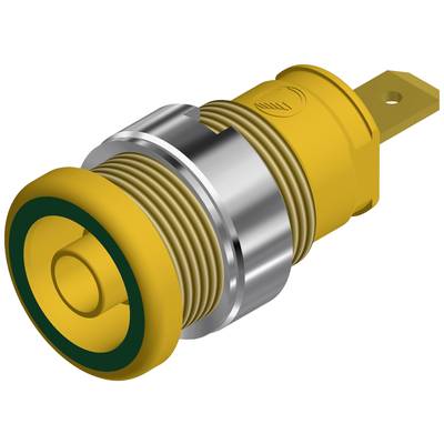 Ein gelber, runder Druckknopf mit grünem Rand auf einem Metallgehäuse.