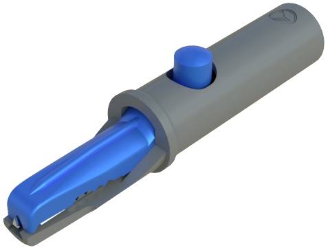 Ein grauer und blauer Kunststoffsteckverbinder, zylindrische Form, mit Druckknopf und verzahntem Griffbereich.