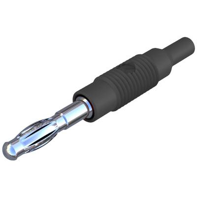 Schwarzer Bananenstecker mit geriffeltem Griff und metallischer Spitze, verwendet für Audioverbindungen oder Testanwendungen.