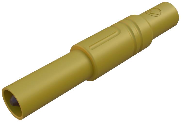 Goldfarbener, zylindrischer RF-Koaxialstecker, der in elektronischen Geräten verwendet wird.