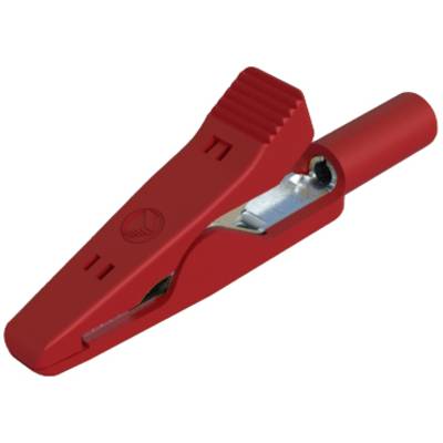 Rote Krokodilklemme mit isoliertem Griff und Metallzähnen zum elektrischen Anschluss.