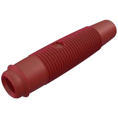 Roter, gerippter, zylindrischer Gummischlauchadapter, wahrscheinlich Teil eines größeren mechanischen oder hydraulischen Systems.