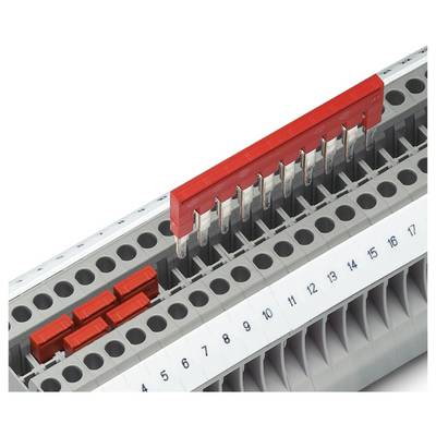 Eine rote Sammelschiene verbindet die Klemmleistenreihen 3 und 4 in einem Elektroverteilschrank und hebt die Leitungsbahnen für die Schaltungsintegration hervor.
