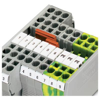 Elektrischer Klemmleistenblock mit nummerierten weißen Klammern, orange Komponente und grün-gelbe Abschnitte, verwendet für Drahtverbindungen und Organisation.