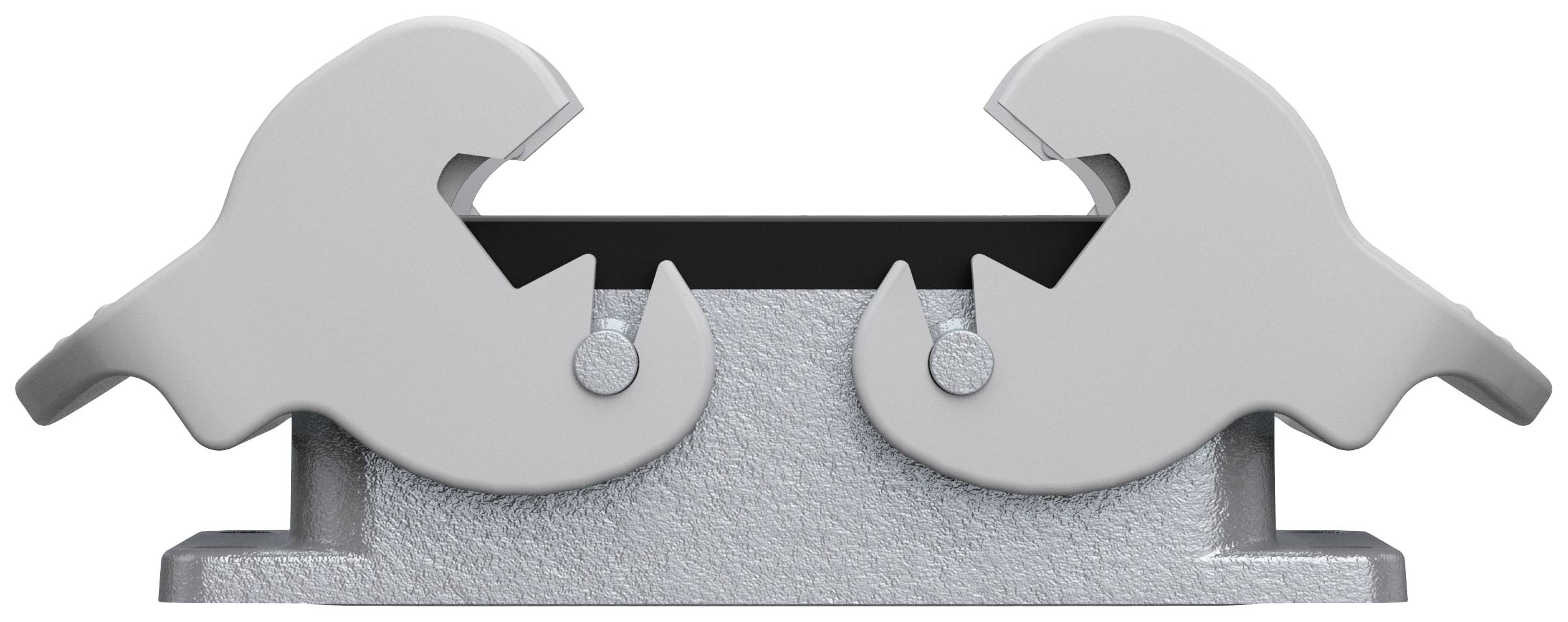 Metallklemme mit zwei gegenüberliegenden, gezackten Greifern zur Fixierung oder Verbindung von Bauteilen, auf grauem Sockel montiert.