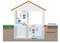 Ein Diagramm zeigt ein Haus im Querschnitt mit Hochwasser im Kellerschaft. Sensoren im Keller und Erdgeschoss überwachen Wasserstände.
