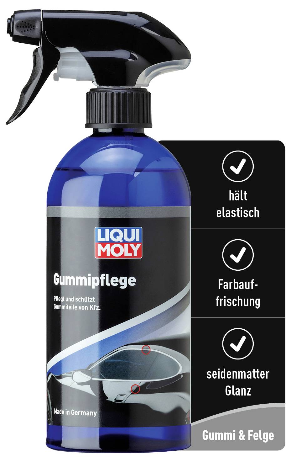 Eine blaue Flasche Liqui Moly Gummipflege mit Sprühkopf. Text auf Etikett: 'Pflegt und schützt Gummiteile'. Hält elastisch, Farbauffrischung, seidenmatter Glanz.