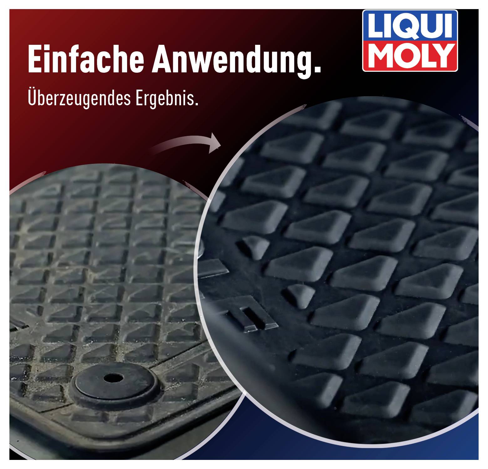 'Einfacher Gebrauch' zeigt die Textur eines Produkts mit geprägtem Muster. Der Markenname 'LIQUI MOLY' ist oben rechts angezeigt.