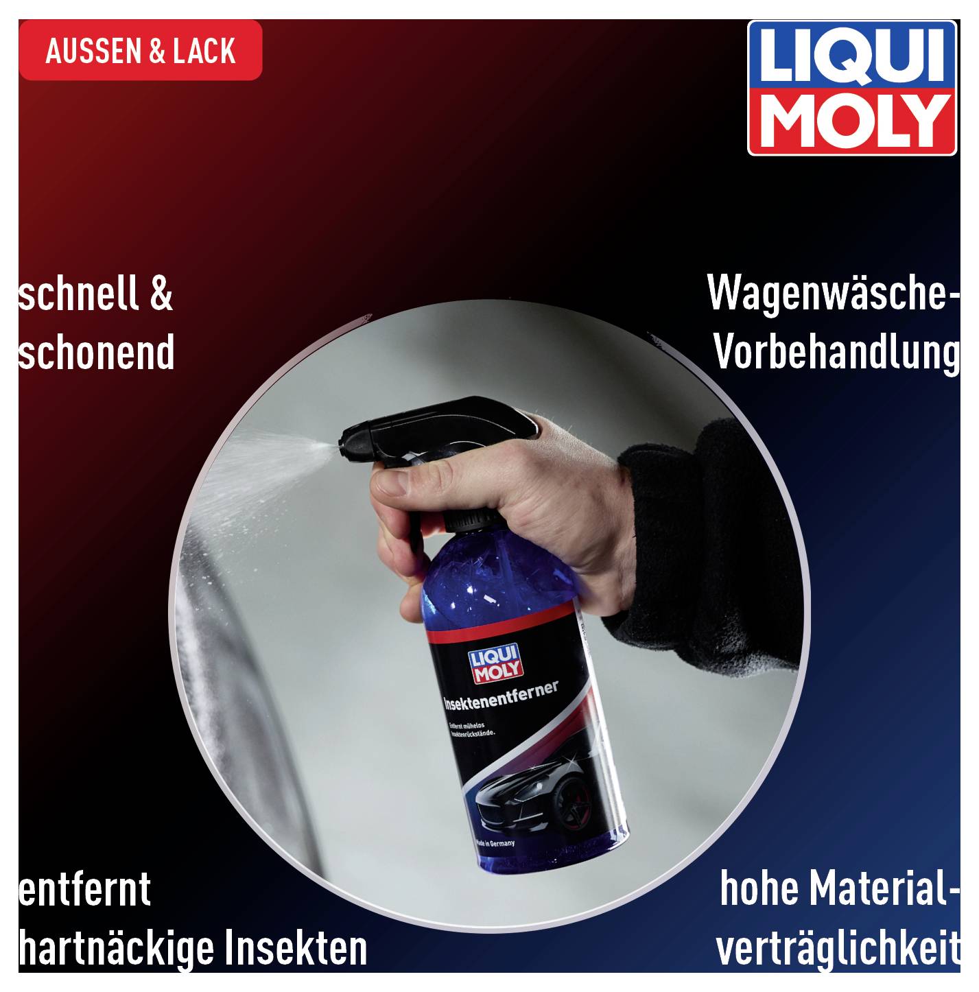 'Eine Hand hält eine Sprühflasche mit 'Insektenentferner' von Liqui Moly. Text beschreibt schnelle, schonende Vorbehandlung, entfernt hartnäckige Insekten, hohe Materialverträglichkeit.'