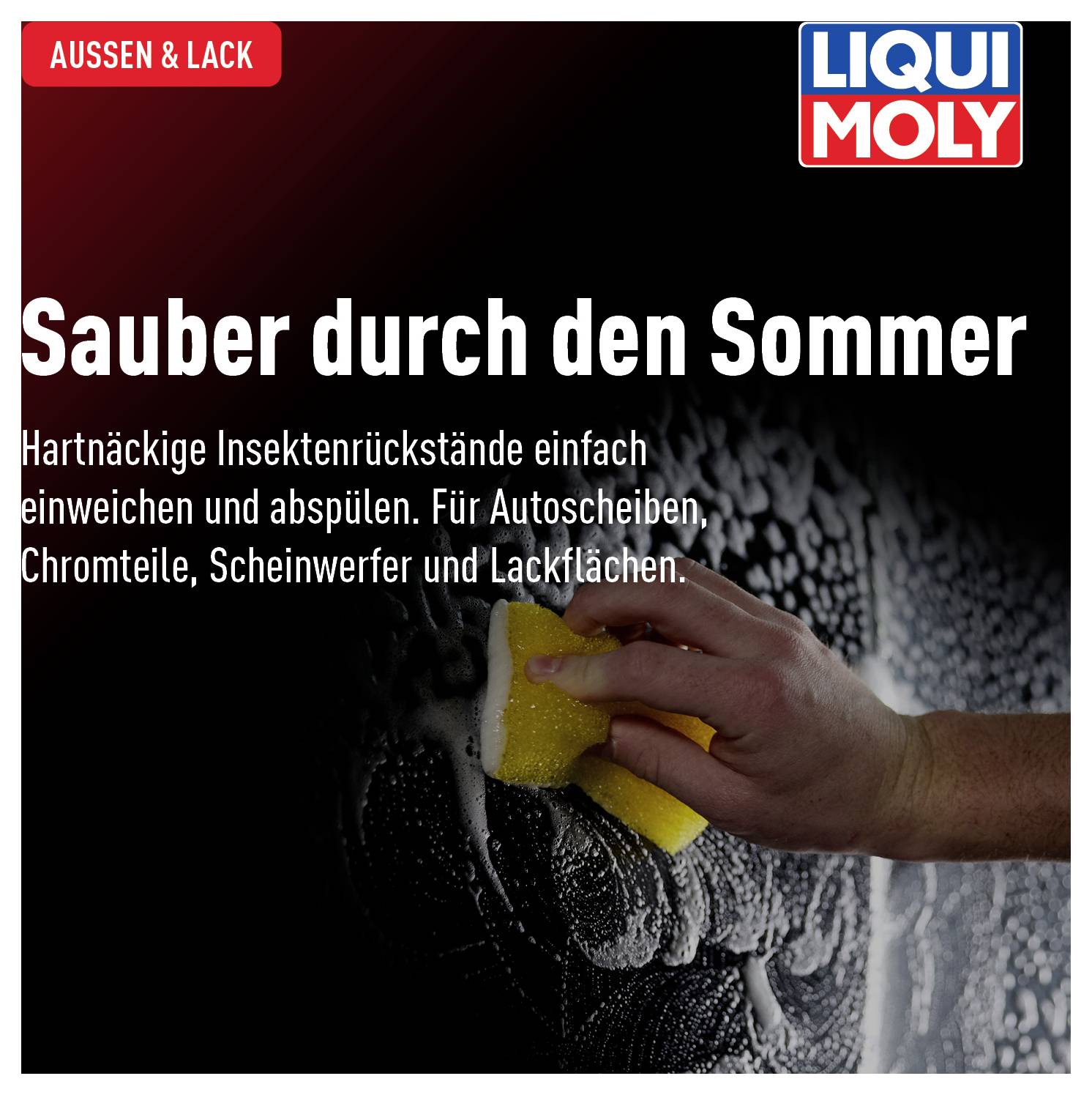 'Sauber durch den Sommer' Werbeposter mit einem Schwamm, der Schaum von einer Oberfläche entfernt. Text beschreibt Reinigung hartnäckiger Insektenrückstände.