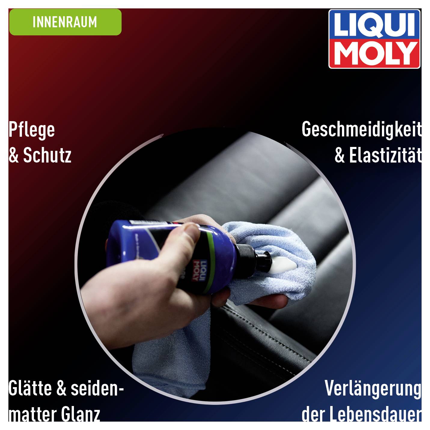 Eine Hand reinigt mit einem blauen Tuch und einem Pflegeprodukt eine Autoinnenfläche. Text: 'Pflege & Schutz', 'Geschmeidigkeit & Elastizität'.