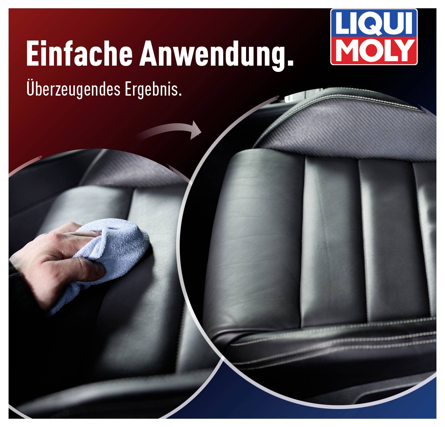 'Flüssigkeit wird mit einem Tuch auf einen Ledersitz aufgetragen. Links: Tuch reinigt Sitz. Rechts: sauberer Ledersitz.'