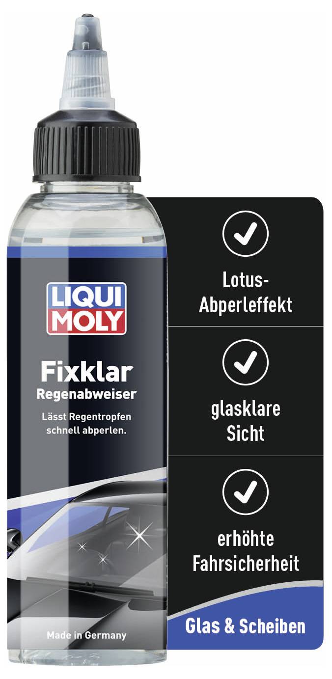 Flasche mit 'LIQUI MOLY Fixklar Regenabweiser'. Text auf schwarzem Feld: 'Lotus-Abperleffekt, glasklare Sicht, erhöhte Fahrsicherheit'. Produkt für Glas & Scheiben.