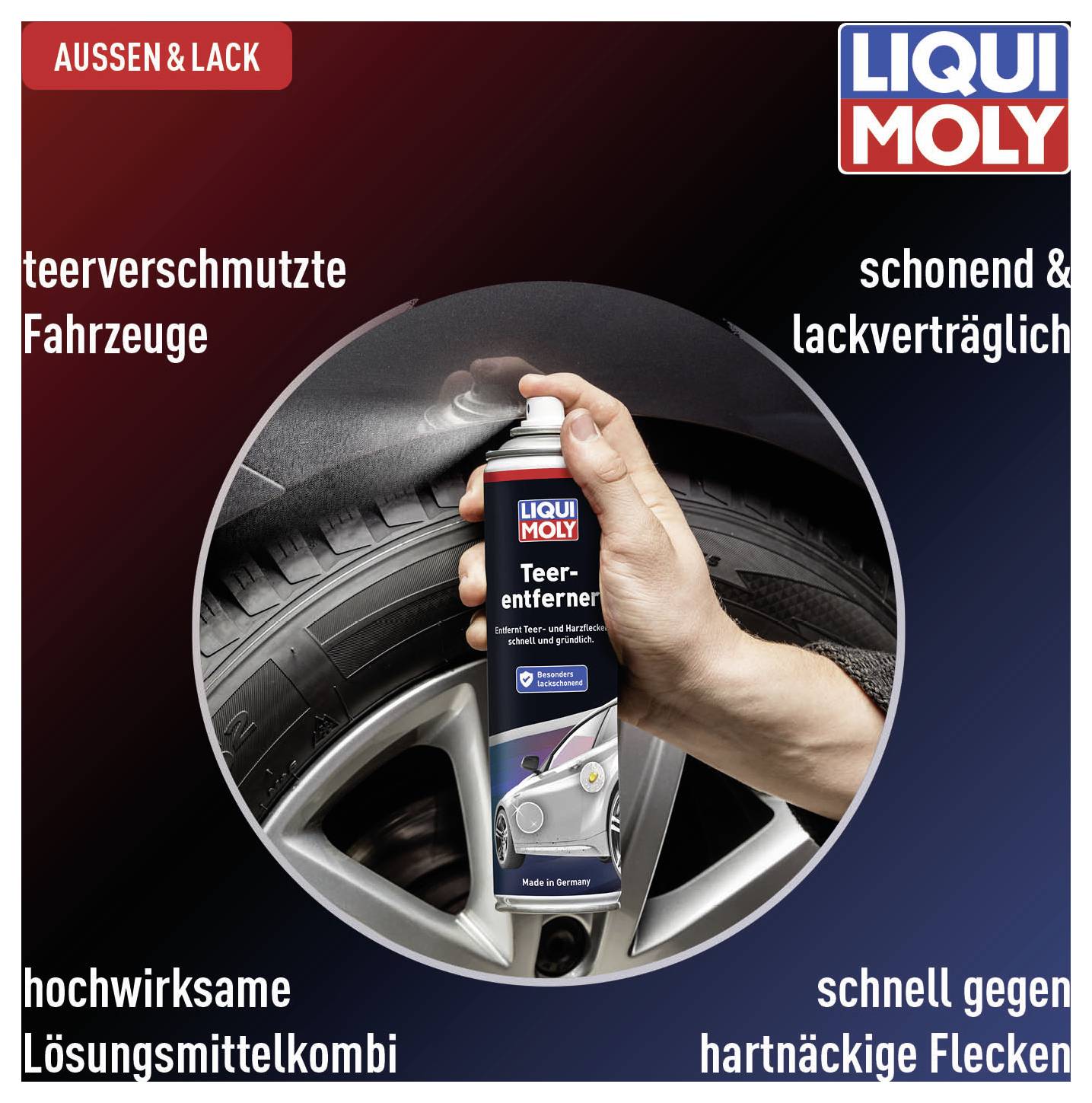 'Hand sprüht Teerentferner auf Autoreifen. Text: Außen & Lack, teerverschmutzte Fahrzeuge, schonend & lackverträglich, hochwirksame Lösungsmittelkombi, schnell gegen hartnäckige Flecken.'