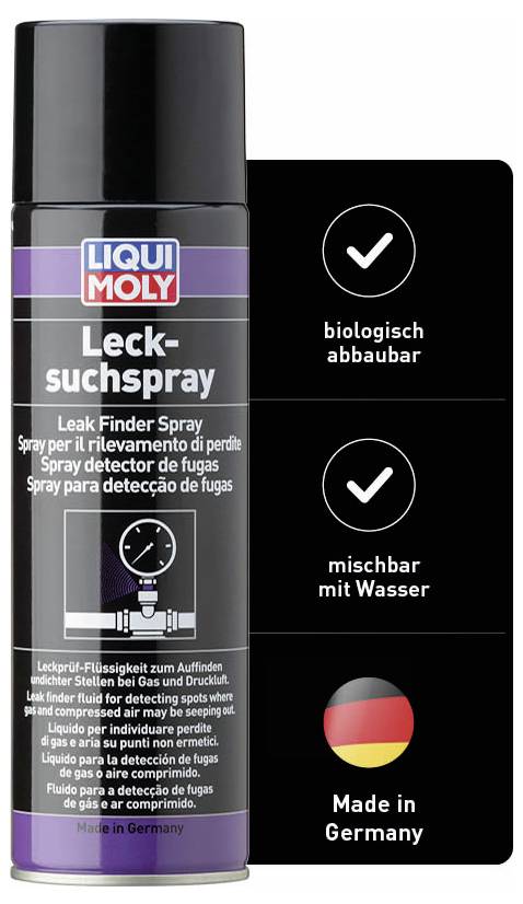 Eine Spraydose 'Liqui Moly Lecksuchspray', biologisch abbaubar, mischbar mit Wasser, hergestellt in Deutschland.