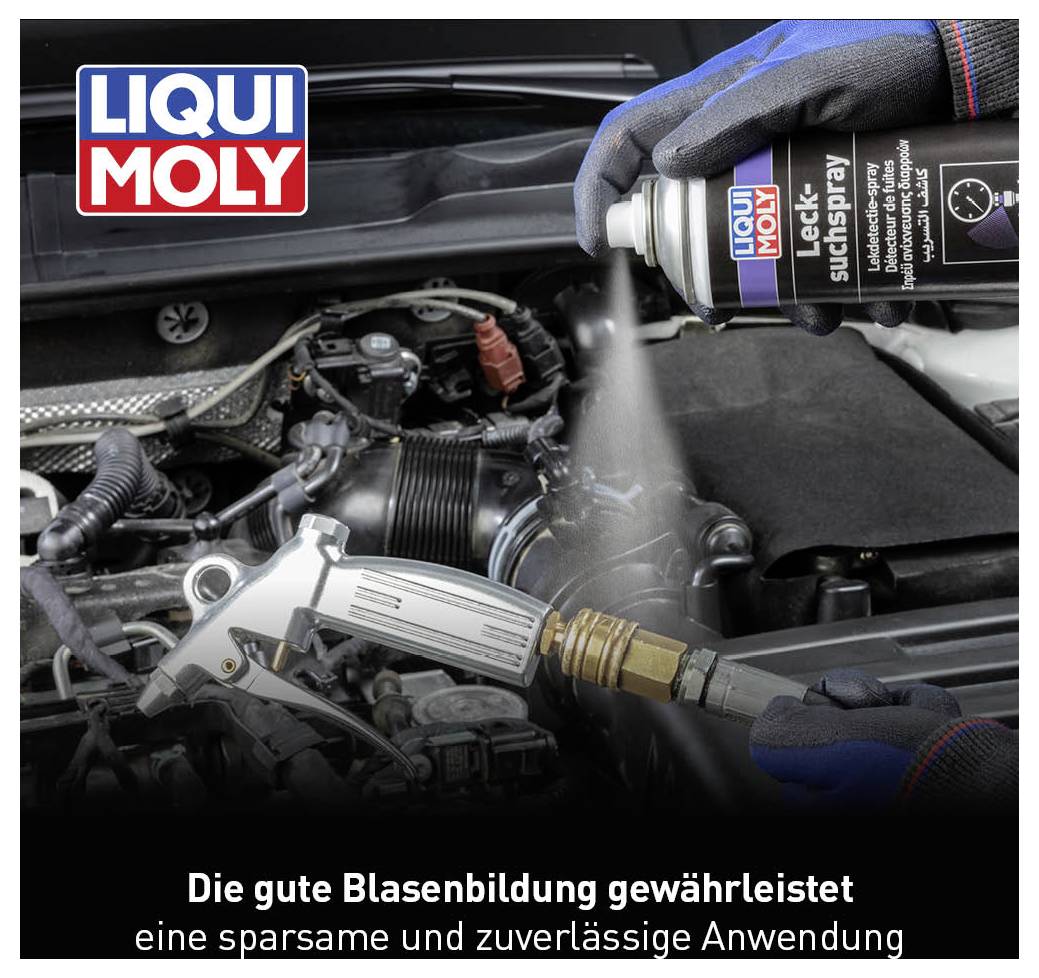 Eine Person sprüht LIQUI MOLY Dichtmittel auf einen Motorblock. Der Text beschreibt die Anwendung als sparsam und zuverlässig.