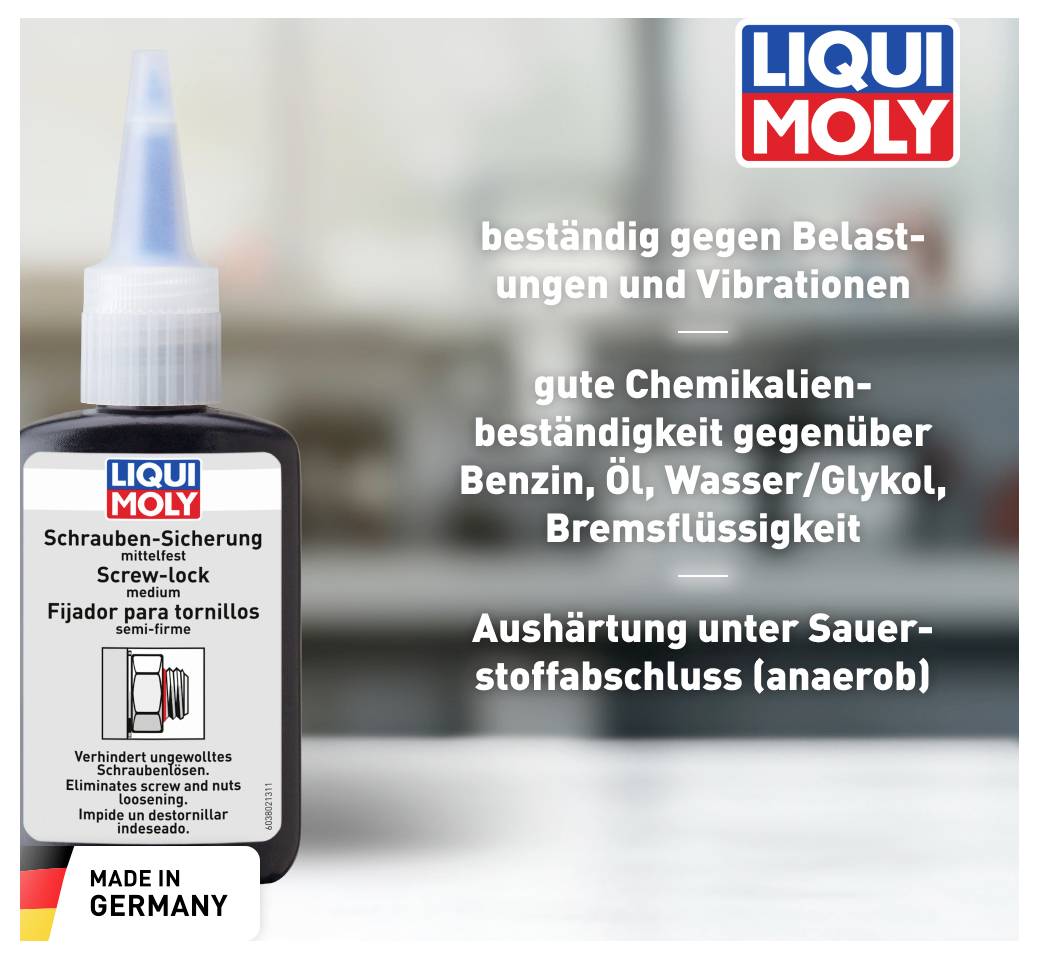 Klebstoffflasche von Liqui Moly mit Text: 'beständig gegen Belastungen und Vibrationen', 'gute Chemikalienbeständigkeit'. Made in Germany.