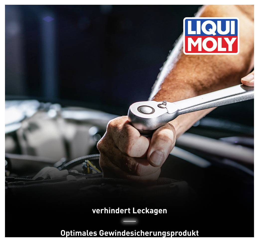 Eine Hand mit Ratsche arbeitet am Motor eines Autos. Oben rechts das Logo von Liqui Moly. Text unten: 'verhindert Leckagen - Optimales Gewindesicherungsprodukt'.