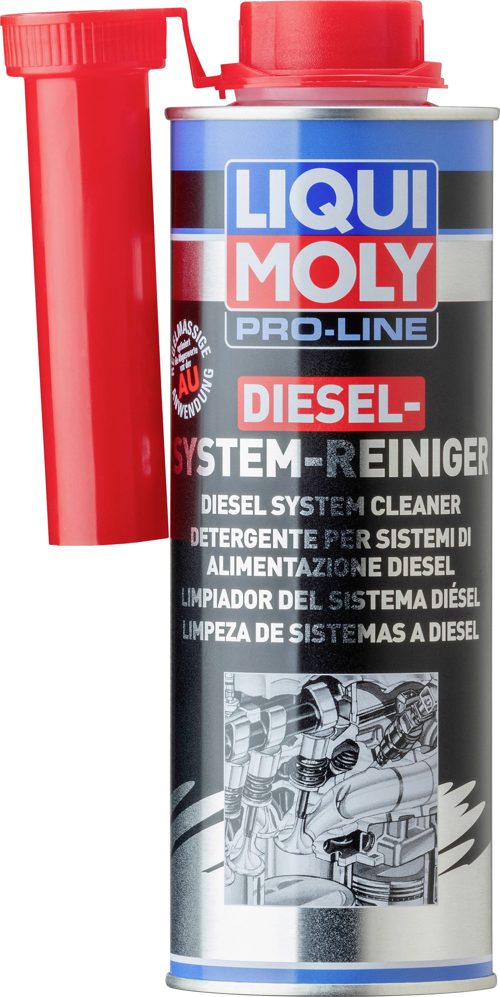 Eine Dose Liqui Moly Pro-Line Dieselsystemreiniger. Rotes und blaues Etikett mit mehrsprachigem Text. Enthält einen angebrachten roten Applikator.