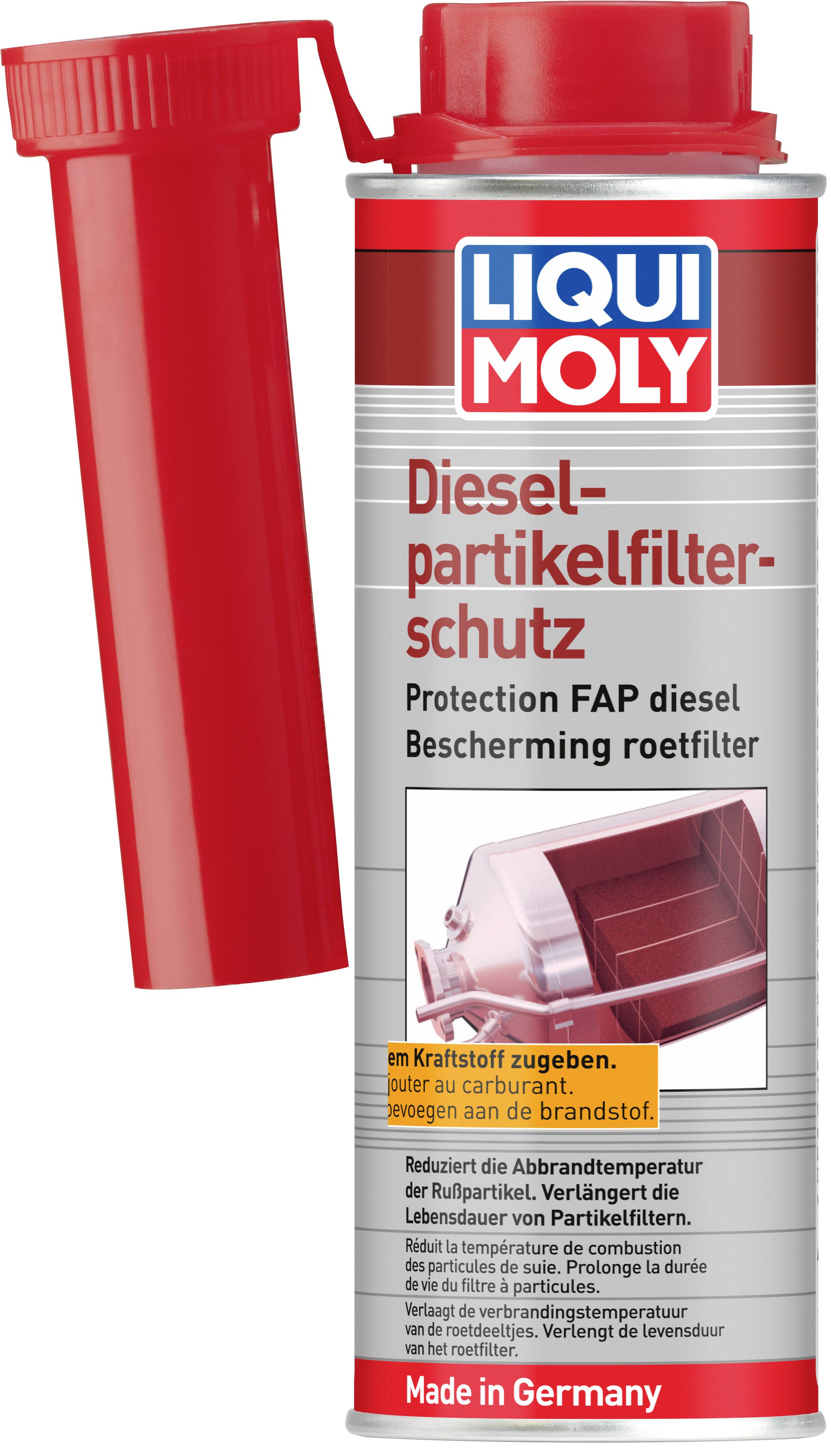 Liqui Moly Dieselpartikelfilter-Schutzadditiv-Behälter mit rotem Deckel und angefügter roter Ausgießhilfe.