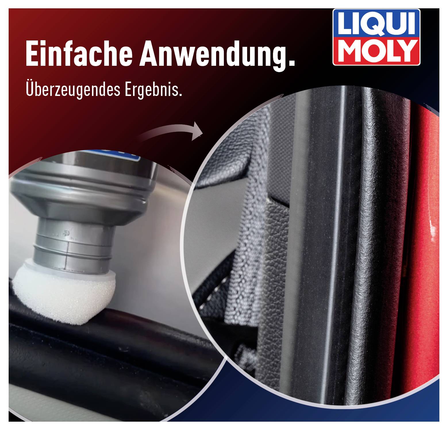 'Einfaches Auftragen des Produkts an eine Autotürdichtung. Ergebnis überzeugt. LIQUI MOLY Logo oben rechts.'