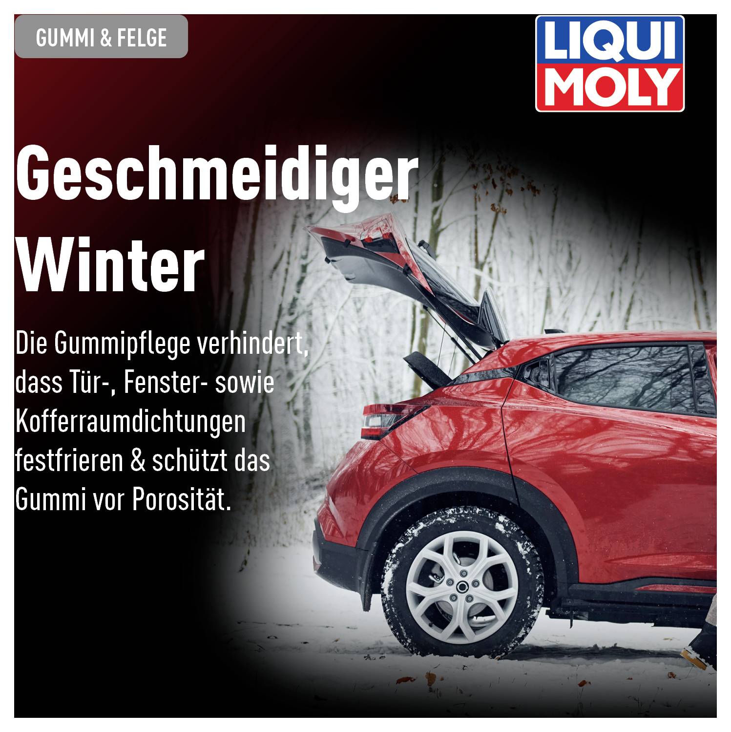 Rotes Auto mit geöffnetem Kofferraum im verschneiten Wald. Text betont die Bedeutung der Gummipflege für Autoteile im Winter.