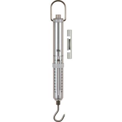 Federwaage aus Metall mit Skala bis 50 kg und Haken unten, Griff oben.