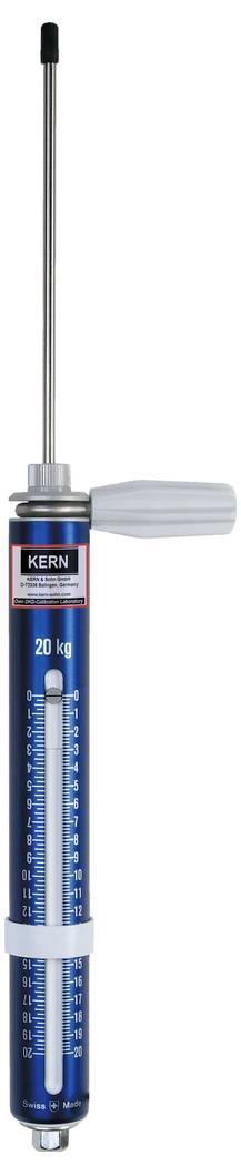 Blauer Federkraftmesser mit Skala bis 20 kg und weißem Griff, zur Messung von Kräften oder Ziehen/Drücken von Gegenständen.